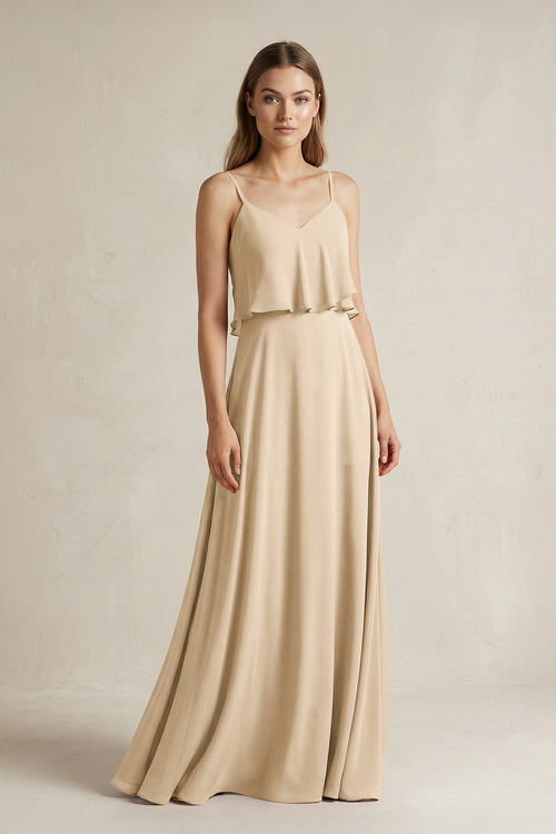 Champagne Ruffled Spaghetti Strap A-Line Chiffon Bridesmaid Dress in Champagne | KISSBRIDAL