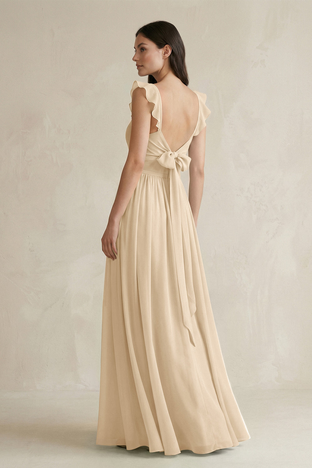 Ruffled Spaghetti Strap Chiffon A-Line Bridesmaid Dress in Champagne