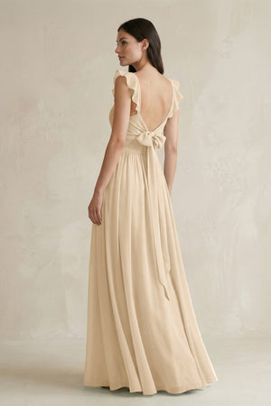 Champagne Ruffled Spaghetti Strap Chiffon A-Line Bridesmaid Dress (2) | KISSBRIDAL