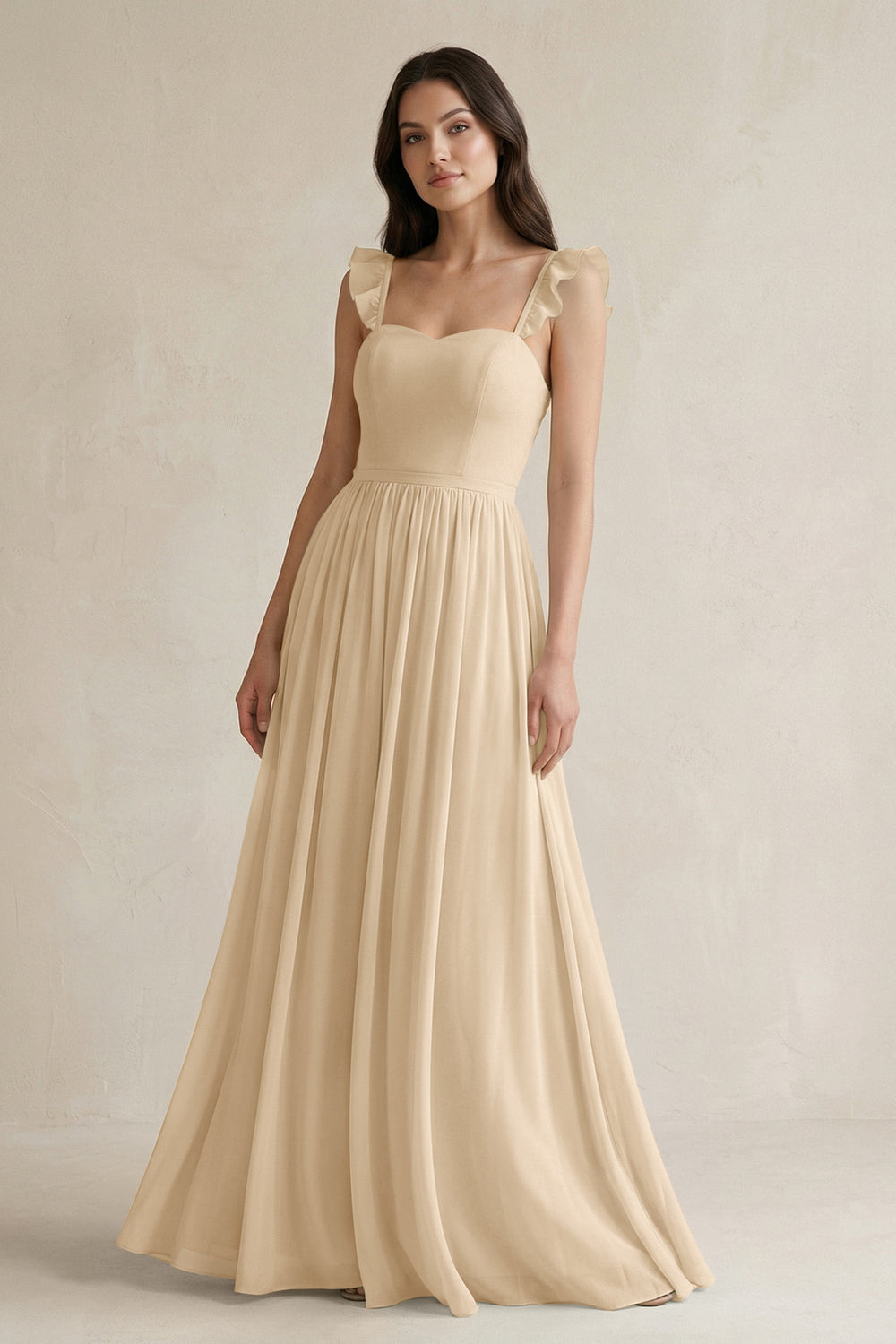 Ruffled Spaghetti Strap Chiffon A-Line Bridesmaid Dress in Champagne