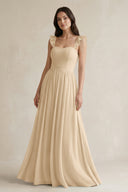 Champagne Ruffled Spaghetti Strap Chiffon A-Line Bridesmaid Dress | KISSBRIDAL