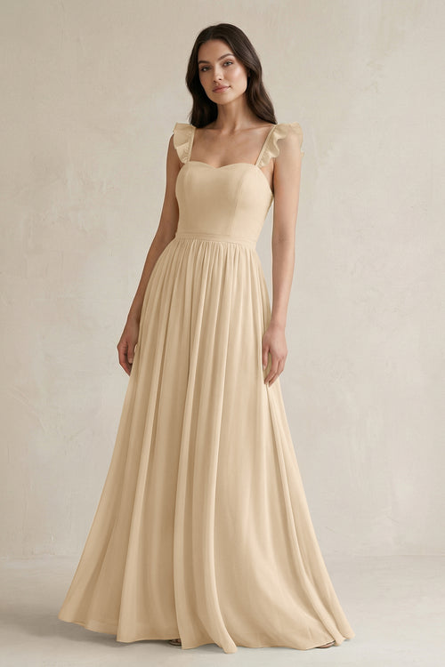 Champagne Ruffled Spaghetti Strap Chiffon A-Line Bridesmaid Dress | KISSBRIDAL
