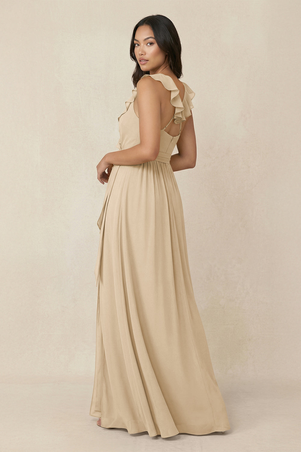 Ruffled V-Neck A-Line Chiffon Bridesmaid Dress in Champagne