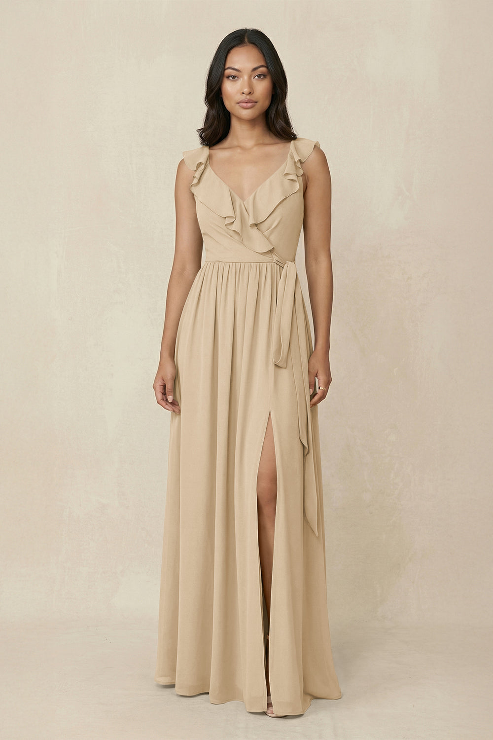 Ruffled V-Neck A-Line Chiffon Bridesmaid Dress in Champagne