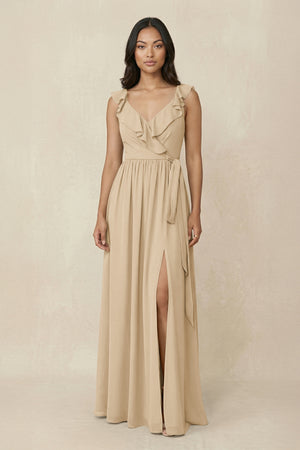 Champagne Ruffled V-Neck A-Line Chiffon Bridesmaid Dress | KISSBRIDAL