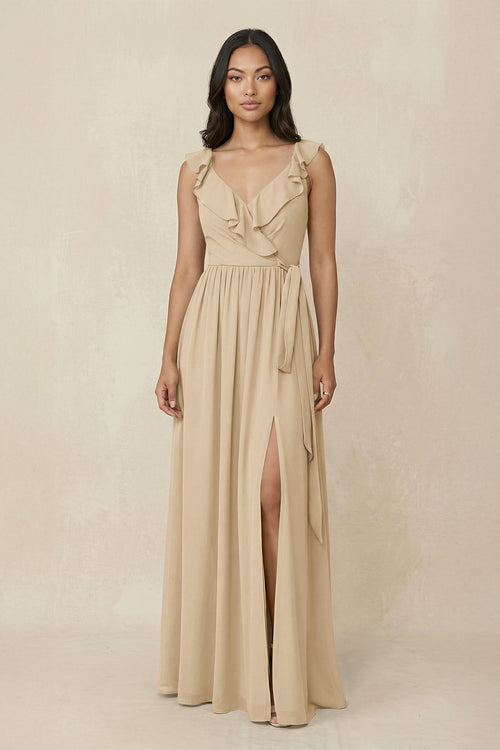 Champagne Ruffled V-Neck A-Line Chiffon Bridesmaid Dress | KISSBRIDAL