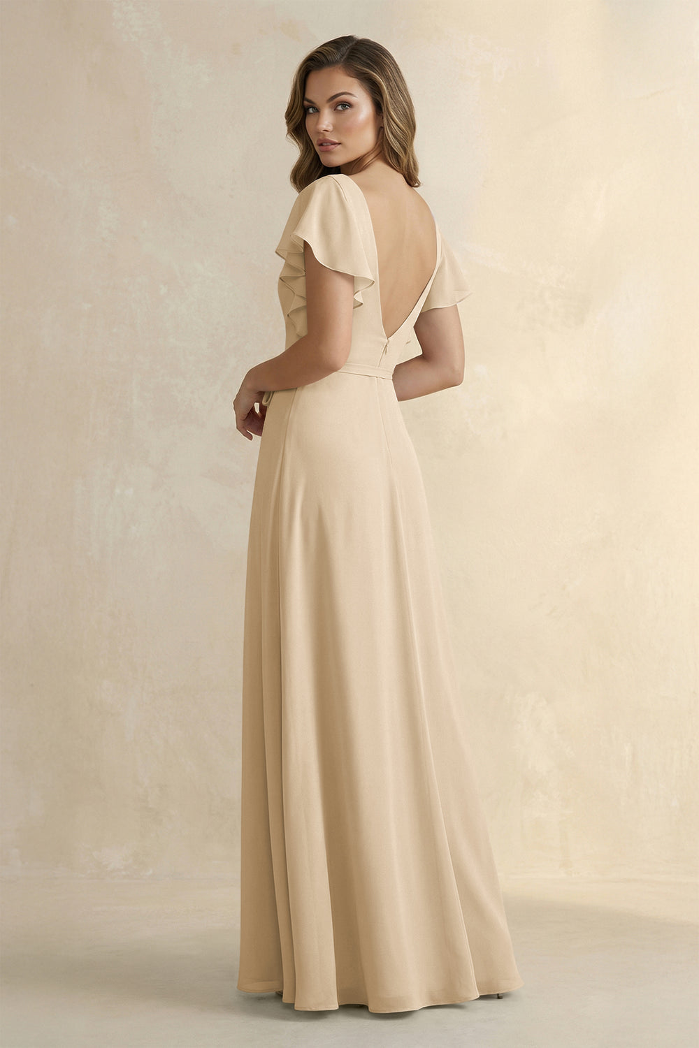 Ruffled V-Neck Chiffon A-Line Bridesmaid Dress in Champagne
