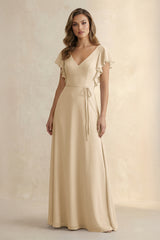 Champagne Ruffled V-Neck Chiffon A-Line Bridesmaid Dress | KISSBRIDAL