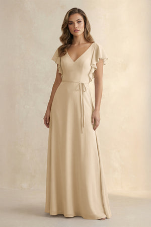 Champagne Ruffled V-Neck Chiffon A-Line Bridesmaid Dress | KISSBRIDAL