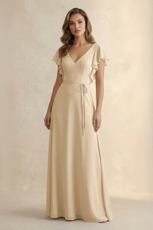 Champagne Ruffled V-Neck Chiffon A-Line Bridesmaid Dress | KISSBRIDAL