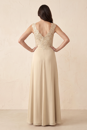 Champagne Scoop Neck Ruffled Sheath Pleated Mother of the Bride Dress with Slit (2) | KISSBRIDAL