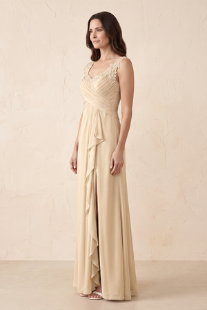 Champagne Scoop Neck Ruffled Sheath Pleated Mother of the Bride Dress with Slit (3) | KISSBRIDAL