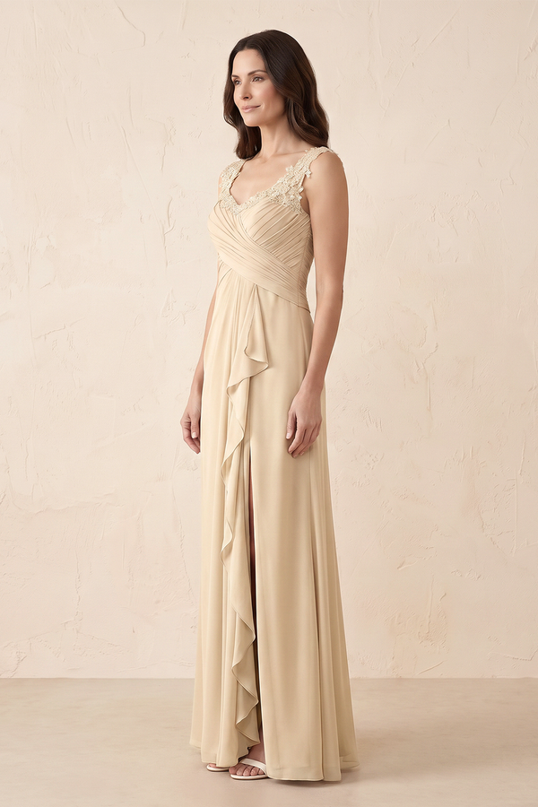 Champagne Scoop Neck Ruffled Sheath Pleated Mother of the Bride Dress with Slit (3) | KISSBRIDAL