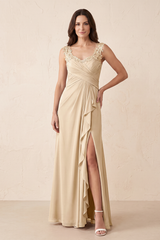 Champagne Scoop Neck Ruffled Sheath Pleated Mother of the Bride Dress with Slit | KISSBRIDAL