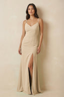 Champagne Sheath Cami Strap Chiffon Bridesmaid Dress with Slit | KISSBRIDAL
