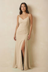 Champagne Sheath Cami Strap Chiffon Bridesmaid Dress with Slit | KISSBRIDAL