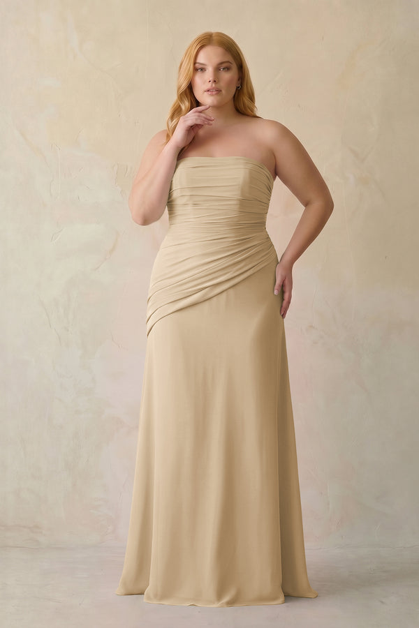 Champagne Sheath Chiffon Strapless Pleated Bridesmaid Dress [sizeplus] | KISSBRIDAL