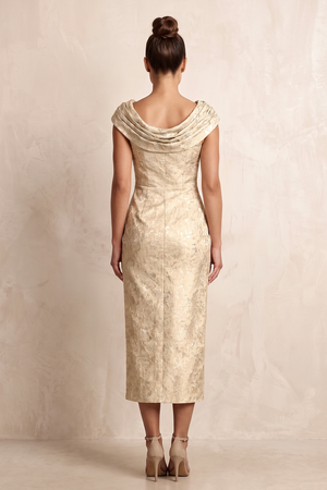 Champagne Sheath Jacquard Cowl Neck Midi Mother of the Bride Dress With Slit (2) | KISSBRIDAL