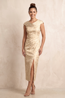 Champagne Sheath Jacquard Cowl Neck Midi Mother of the Bride Dress With Slit | KISSBRIDAL