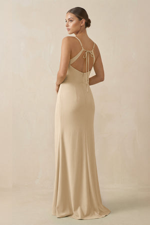 Champagne Sheath Spaghetti Straps Chiffon Long Bridesmaid Dress (2) | KISSBRIDAL