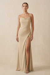 Champagne Sheath Spaghetti Straps Chiffon Long Bridesmaid Dress | KISSBRIDAL