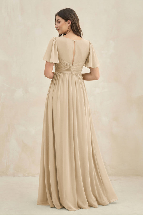 Champagne Short Sleeve Chiffon V-Neck A-Line Bridesmaid Dress (2) | KISSBRIDAL