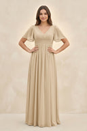 Champagne Short Sleeve Chiffon V-Neck A-Line Bridesmaid Dress | KISSBRIDAL