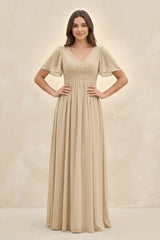 Champagne Short Sleeve Chiffon V-Neck A-Line Bridesmaid Dress | KISSBRIDAL