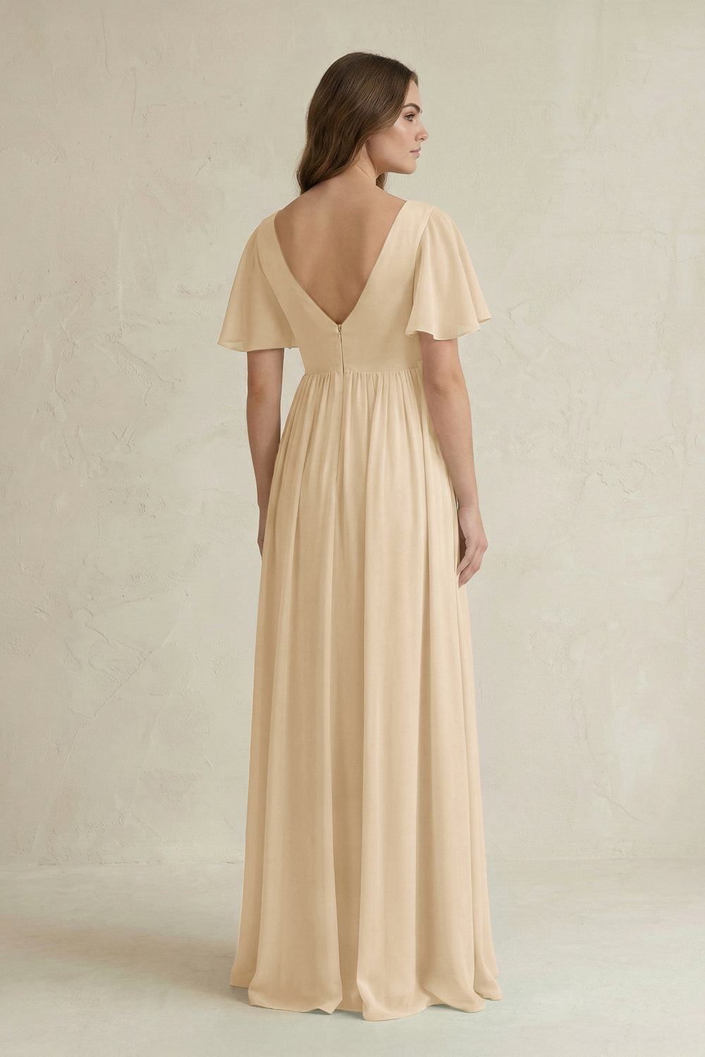 Short Sleeve V-Neck A-Line Chiffon Bridesmaid Dress in Champagne