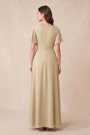 Champagne Short Sleeves Bateau A-Line Chiffon Bridesmaid Dress (2) | KISSBRIDAL