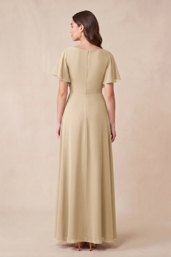 Champagne Short Sleeves Bateau A-Line Chiffon Bridesmaid Dress (2) | KISSBRIDAL
