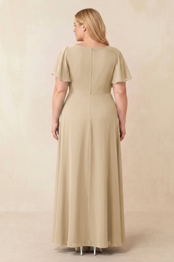 Champagne Short Sleeves Bateau A-Line Chiffon Bridesmaid Dress (2) [sizeplus] | KISSBRIDAL