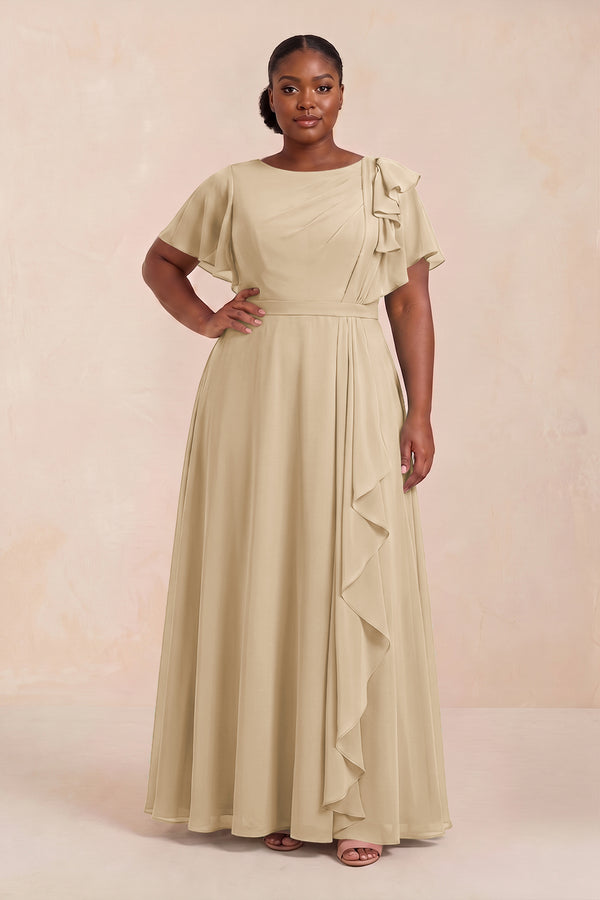 Champagne Short Sleeves Bateau A-Line Chiffon Bridesmaid Dress (3) [sizeplus] | KISSBRIDAL