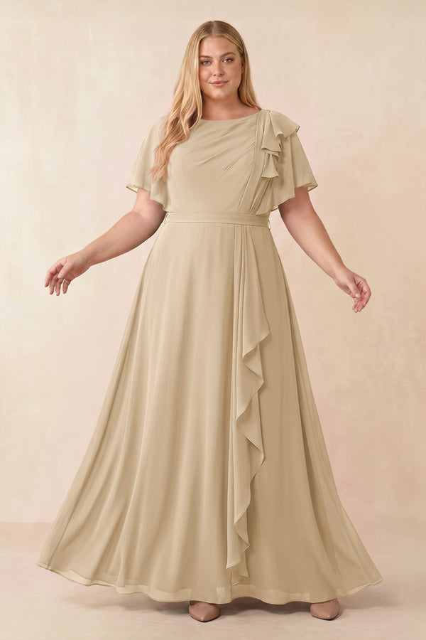 Champagne Short Sleeves Bateau A-Line Chiffon Bridesmaid Dress [sizeplus] | KISSBRIDAL