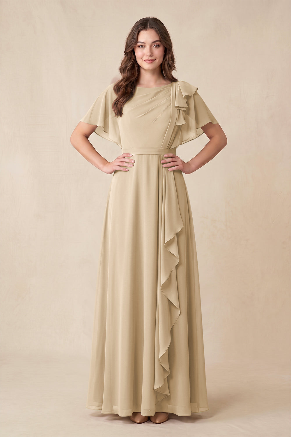 Short Sleeves Bateau A-Line Chiffon Bridesmaid Dress in Champagne