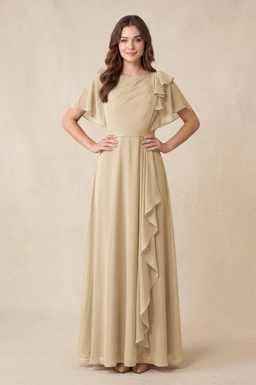 Champagne Short Sleeves Bateau A-Line Chiffon Bridesmaid Dress | KISSBRIDAL