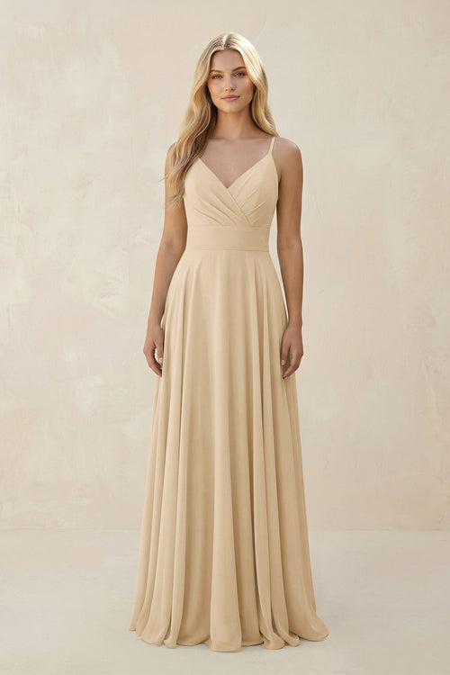 Champagne Spaghetti Strap A-Line Chiffon Bridesmaid Dress | KISSBRIDAL