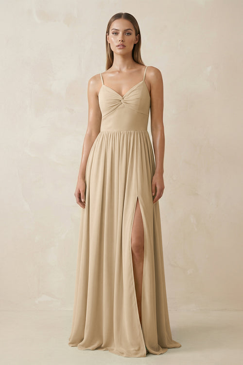 Champagne Spaghetti Strap Pleated A-Line Chiffon Bridesmaid Dress | KISSBRIDAL