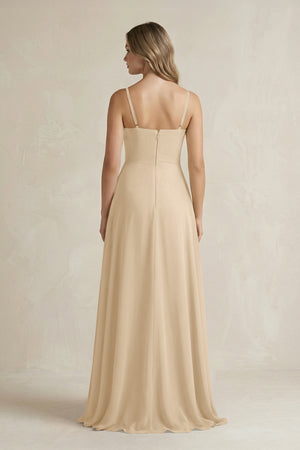 Champagne Spaghetti Strap Ruffled A-Line Chiffon Bridesmaid Dress (2) | KISSBRIDAL