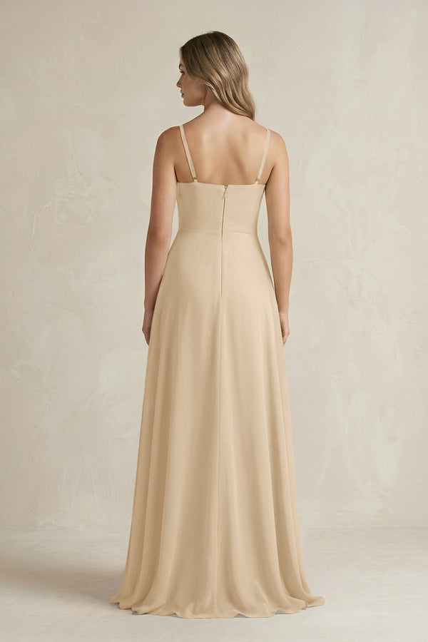 Champagne Spaghetti Strap Ruffled A-Line Chiffon Bridesmaid Dress (2) | KISSBRIDAL