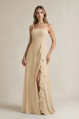 Champagne Spaghetti Strap Ruffled A-Line Chiffon Bridesmaid Dress | KISSBRIDAL