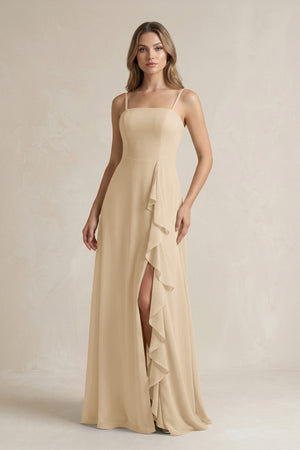 Champagne Spaghetti Strap Ruffled A-Line Chiffon Bridesmaid Dress | KISSBRIDAL