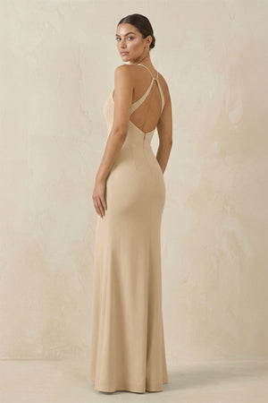 Champagne Spaghetti Strap Sheath Chiffon Bridesmaid Dress With Slit (2) | KISSBRIDAL