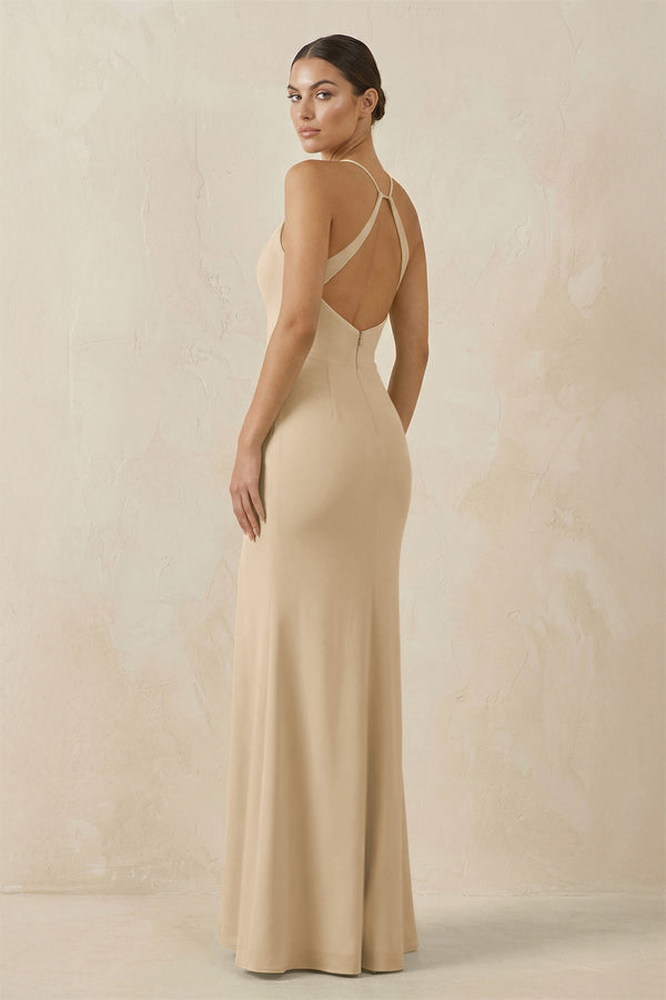 Champagne Spaghetti Strap Sheath Chiffon Bridesmaid Dress With Slit (2) | KISSBRIDAL