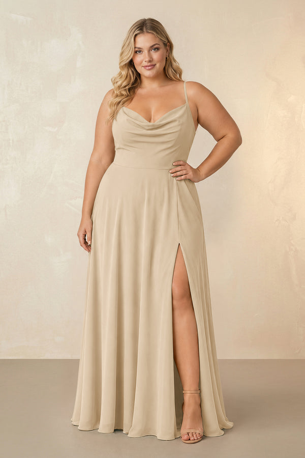 Champagne Spaghetti Straps Chiffon A-Line Bridesmaid Dress [sizeplus] | KISSBRIDAL