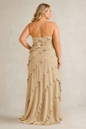 Champagne Spaghetti Straps Sheath Stain Ruffled Bridesmaid Dress (2) | KISSBRIDAL[sizeplus]