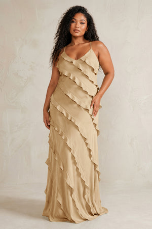 Champagne Spaghetti Straps Sheath Stain Ruffled Bridesmaid Dress (3) | KISSBRIDAL[sizeplus]