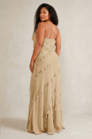 Champagne Spaghetti Straps Sheath Stain Ruffled Bridesmaid Dress (4) | KISSBRIDAL[sizeplus]