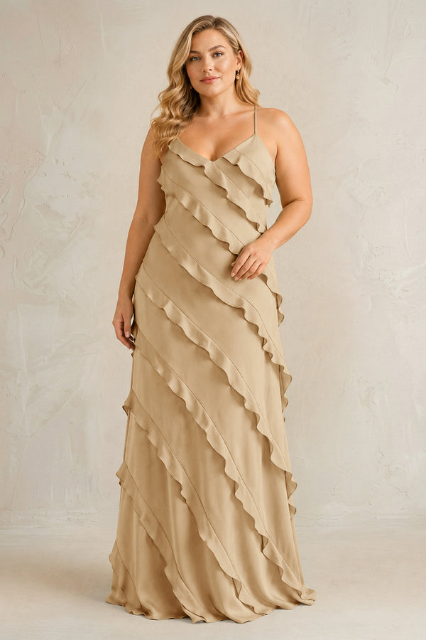 Champagne Spaghetti Straps Sheath Stain Ruffled Bridesmaid Dress | KISSBRIDAL[sizeplus]