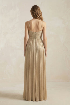 Champagne Sparkly Sequins Cami Strap Cut-Out A-Line Pleated Bridesmaid Dress (2) | KISSBRIDAL